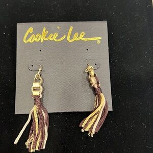 Fabric & Chain Tan & Brown Dangling Earrings by Cookie Lee 10930